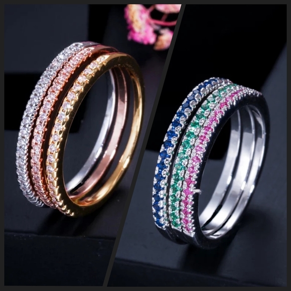 3 Band Partial Eternity Stackable Ring Set - Picture 1 of 8